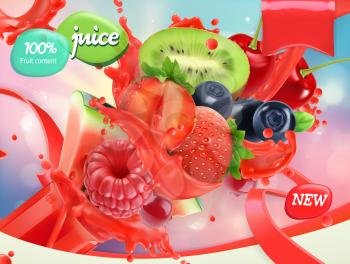Mix fruits and berries. Splash of juice. Strawberry, raspberry, blueberry, watermelon. 3d realistic vector, package design
