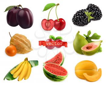 Fresh fruits and berries. Plum, cherry, blackberry, physalis, figs, banana, watermelon, melon. 3d realistic vector set