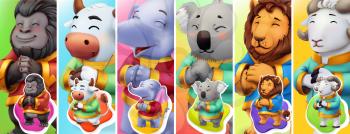Funny animals. Gorilla, bull, elephant, koala, lion, ram. 3d vector background