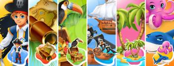 Pirates. Boy, spyglass and map, treasure chest, ships, island and palm trees, octopus and shark cartoon characters. 3d vector icon set