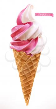 Soft serve ice cream in wafer style cone. 3d realistic vector icon