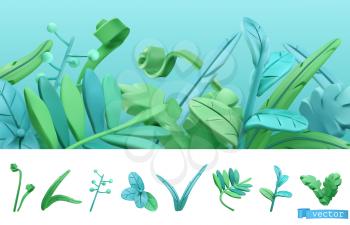 Blue and green spring grass. Cartoon. 3d vector icon set