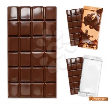 Chocolate bar and chocolate packaging. 3d realistic vector icon