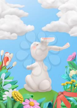 Easter Bunny in the meadow. Spring story. 3d vector greeting card