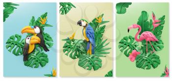 Exotic birds and tropical leaves. Toucan, parrot, flamingo. Plasticine art backgrounds. 3d vector objects