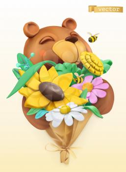 Funny bear with bouquet of wildflowers. 3d vector plasticine art object