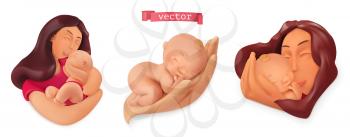 Mothers Day. Baby care. 3d vector icon set. Plasticine art illustration