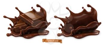 Piece of chocolate and chocolate splash. 3d vector realistic food objects