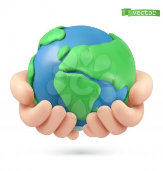 Planet earth in hands icon. 3d vector object. Handmade plasticine art illustration