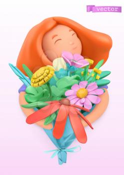 Woman with a bouquet of wildflowers. 3d vector plasticine art object