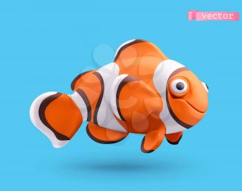 Clownfish 3d realistic vector icon. Funny small fish cartoon character