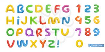 Funny plasticine, alphabet letters and numbers 3d vector realistic set