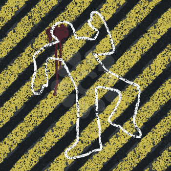 Murder Silhouette on yellow hazard lines. Accident prevention or crime scene concept illustration. Vector, EPS8