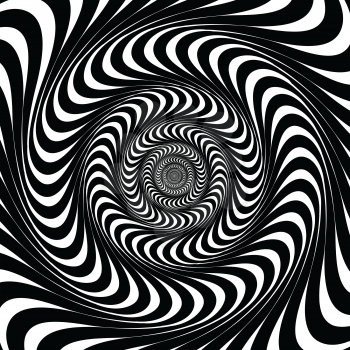 Black and white swirl lines. Optical illusion background, vector.