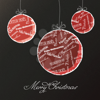 Christmas balls with multilingual greetings pattern. Vector