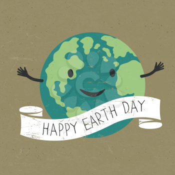 Cartoon Earth with ribbon and text. Planet smile. Happy Earth Day words. On old recycled paper texture. Grunge layers easily edited.