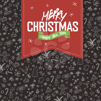 Merry Christmas Greeting Card. Red label with lettering on hand drawn Christmas background.