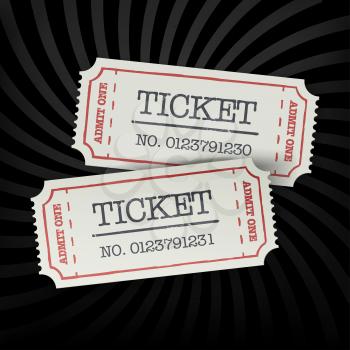 Two old-fashioned cinema tickets on dark sunburst monochrome background. All layers separated and can be edited.