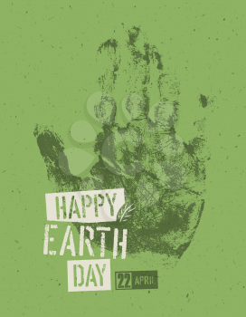 Happy Earth Day Poster. Symbolic hand-print on the recycled paper texture. 22 April