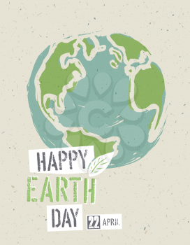 Happy Earth Day Poster. Earth on the recycled paper texture. 22 April