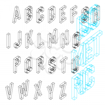 Isometric wireframe font. Upper case 26 latin letters. 