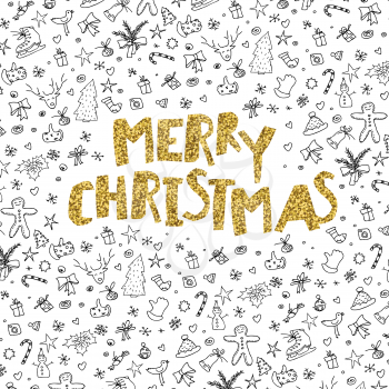 Merry Christmas gold lettering on black hand-drawn xmas themed pattern.