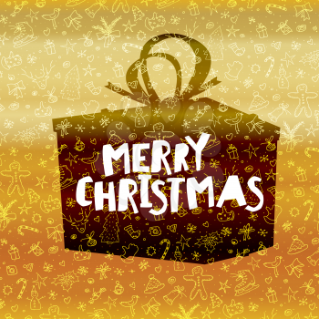 Merry Christmas lettering on black gift box. Gold holiday background 