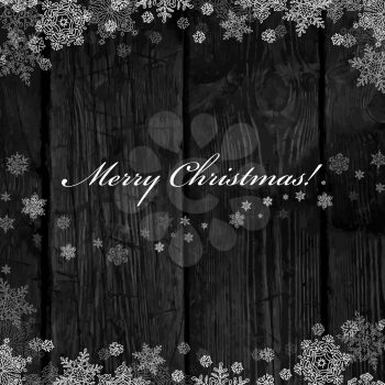 Wooden black christmas background with snowflakes. Holiday Postcard template