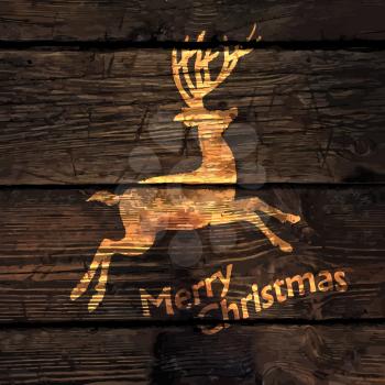 Christmas Greeting Card with Shining Gold Deer Silhouette on Wood Texture Background. Vector illustration