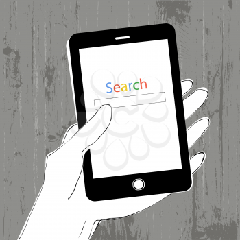 The search color text. Smartphone in hand. Wooden texture background. Vector illustration