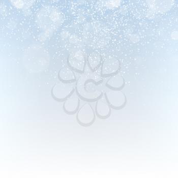 Winter abstract background with falling snowflakes and sparkles. Elegant blurry background for festive decoration. Isolated white. Vector illustration.