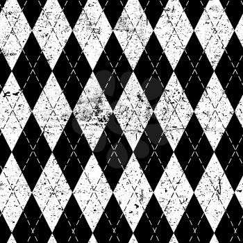 Argyle monochrome seamless pattern. Black and white, grungy texture. Grunge vintage background. 