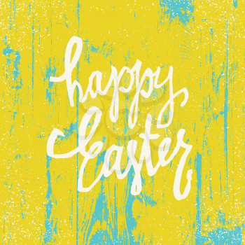 Happy Easter Greeting Card. Hand drawn calligraphy. Wooden texture Background. Bright colors