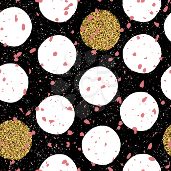 Chaotic pink particles and regular big gold and white dots. Seamless textured pattern on black background.