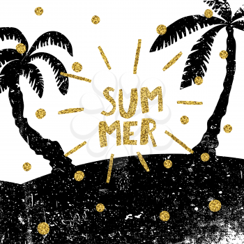 Summer quote print with palms silhouettes. Grunge palms background. Golden glitter letters and burst rays and golden chaotic dots.
