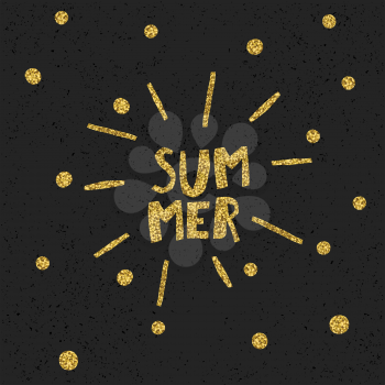 Golden Summer quote print in vector. Black particles on dark background. Golden glitter letters and burst rays and golden chaotic dots.