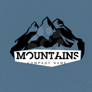Blue Peaks. Mountains illustration. Vector abstract logo for adventure theme. Composed on blue background with textured layer. Mountaineering logotype template.