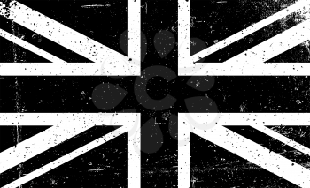 Grunge black and white vector image of the British flag. Abstract grungy Great Britain background. Union Jack flag. United Kingdom aged background