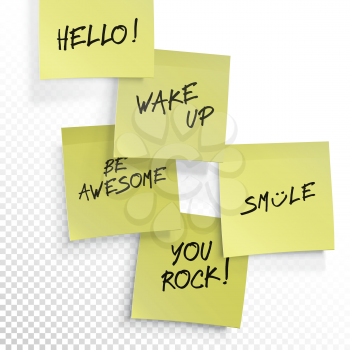 Wake up, be awesome, hello, smile, you rock - set of inspirational sticky notes. Vector editable template on transparent background. 
