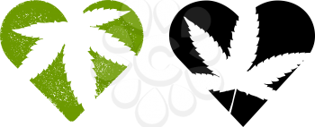 Heart and marijuana leaf. Emblem for fans to smoke weed. Grunge stamp version and simple vector.