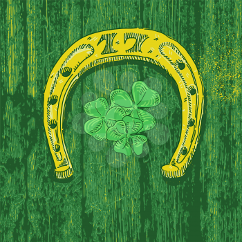 Festive St. Patrick's day background with the inscription horseshoe and clover. Vector background