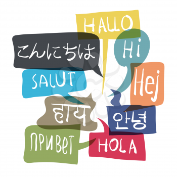 Multilingual colorful greetings in speech bubbles.