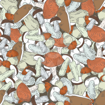 Many Mushrooms natural color seamless pattern. Natural food theme vector background