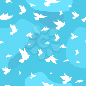 White doves on a background of blue sky with clouds. Vector seamless pattern