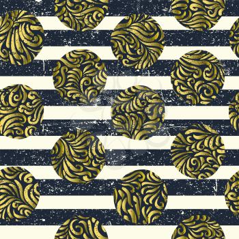 Vintage Seamless Gold Floral Pattern in circle shapes and bold lines. Grunge Textured