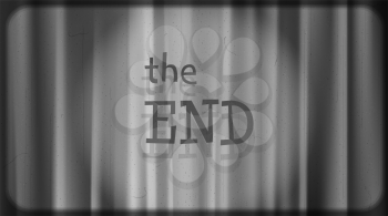 The end of film. Black noir screen with curtains and typography The End. Vintage retro scene with lettering like in old time hollywood movies
