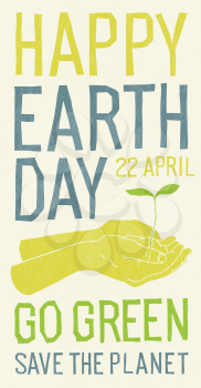 Happy Earth day poster, 22 April. Plant in hand. On paper tone background. 