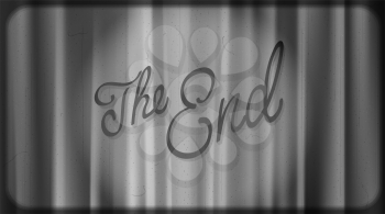 The end of film. Black noir screen with curtains and typography The End. Vintage retro scene with lettering like in old time hollywood movies
