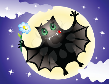 Cute bat with a blue flower in the night sky