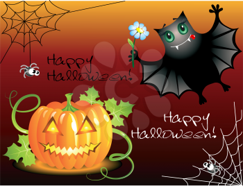 Cute bat and pumpkin congratulating you with halloween